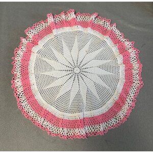 Handmade Crochet Doily with Pink & White Edging - 18 inches Diameter